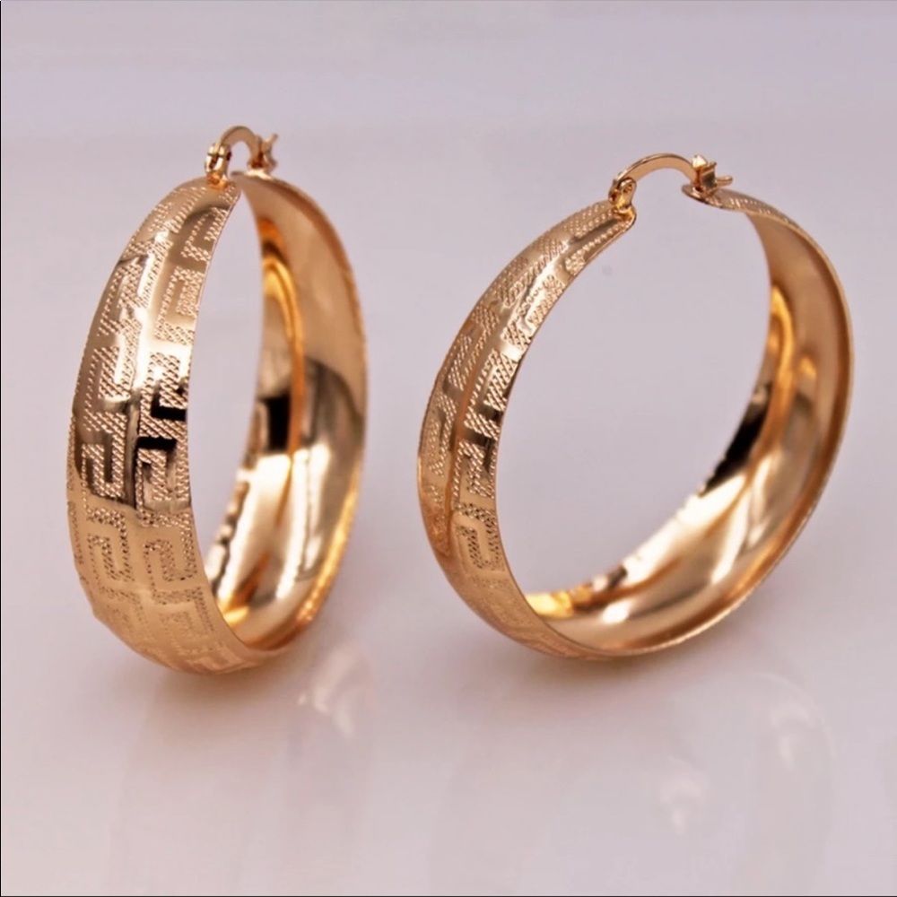 New Vintage gold hoop Greek key earrings - Picture 4 of 7